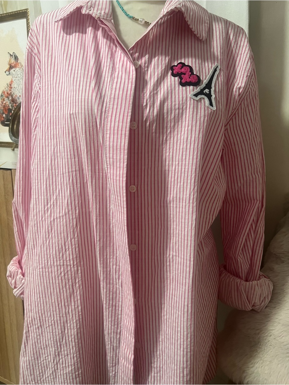 Karl Lagerfeld Pink Striped Womens Button-Up Shirt with Patch Detail